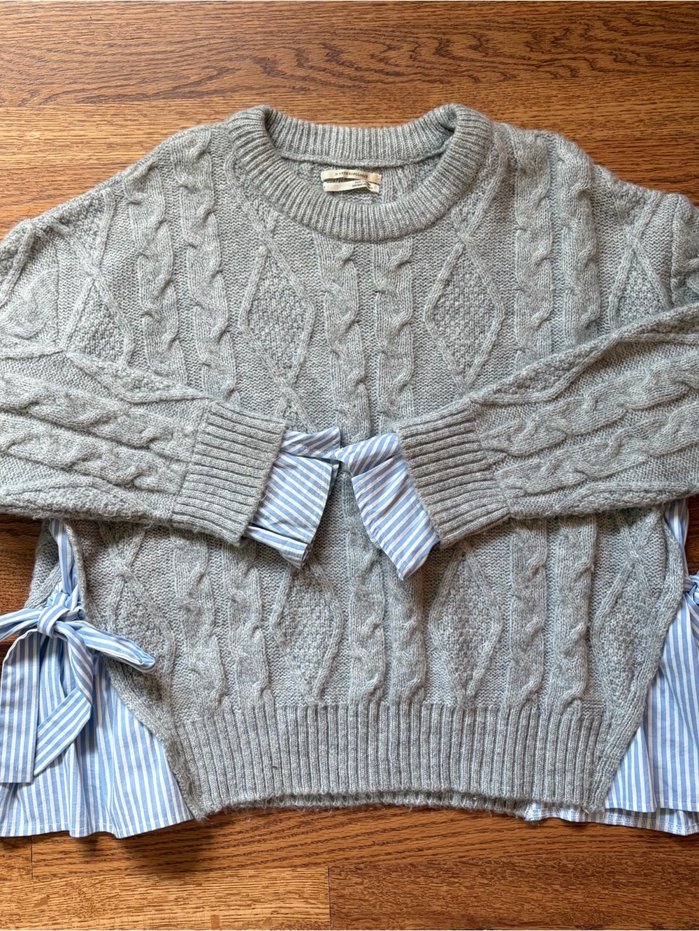 Anthropologie Gray Cable Knit Crewneck Sweater with Blue Stripe Details